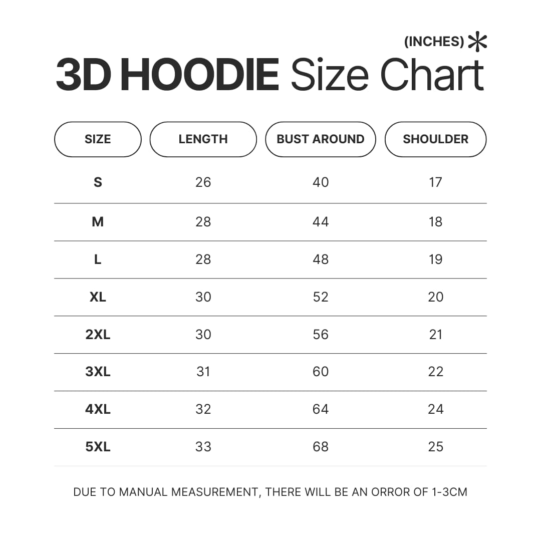 3D Hoodie Size Chart - Unus Annus Shop